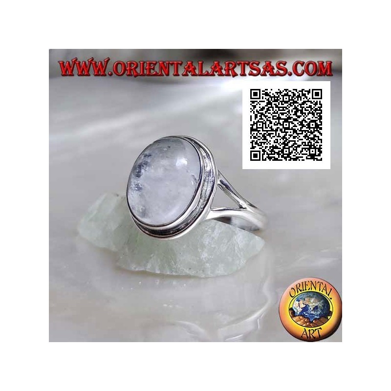 Silver ring with cabochon oval moonstone on simple setting and triangular fretwork on the sides