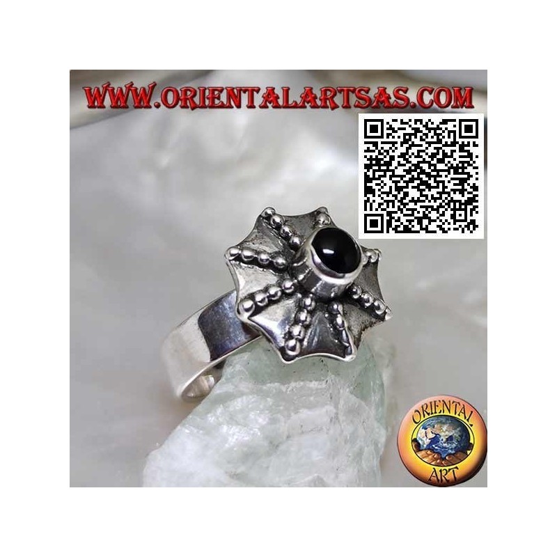 Bague en argent en forme de parapluie pagode avec onyx rond central