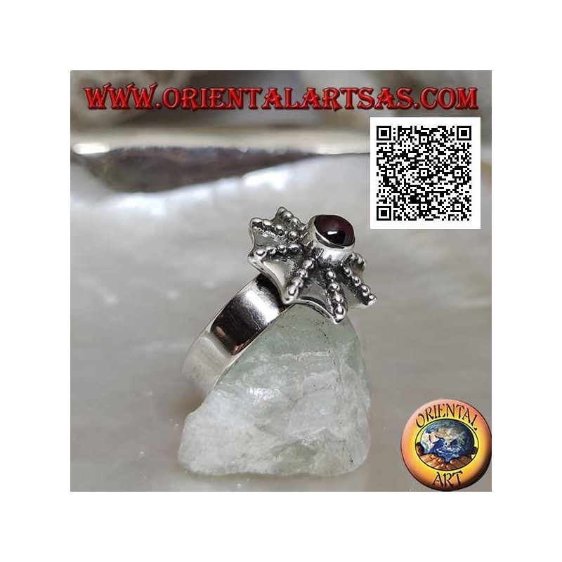 Anillo de plata en forma de paraguas pagoda con granate redondo central