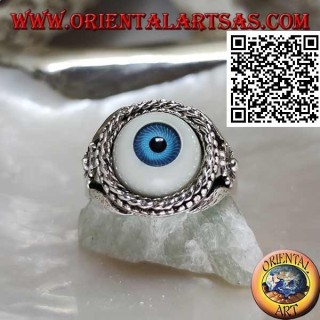 Anillo de plata con ojo con pupila azul rodeada de entretejidos