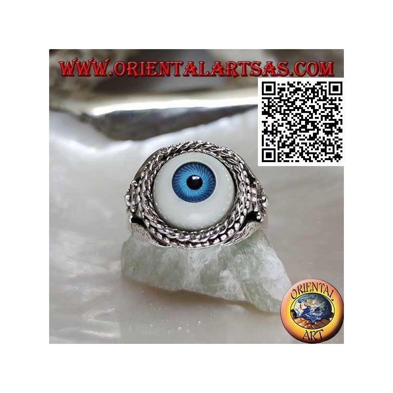 Anello in argento con occhio con pupilla azzurra contornato da intreccio