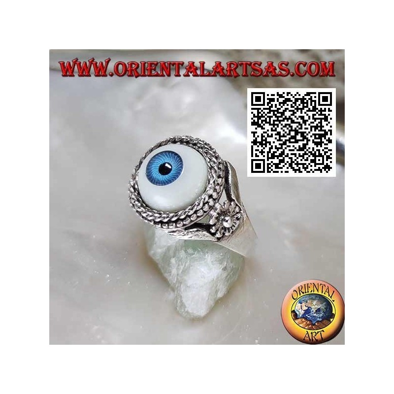 Anillo de plata con ojo con pupila azul rodeada de entretejidos