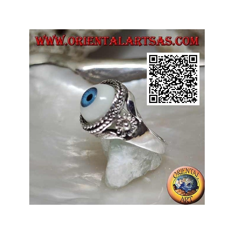 Anello in argento con occhio con pupilla azzurra contornato da intreccio