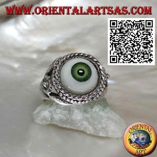 Bague en argent avec oeil avec pupille verte entourée d'entrelacs