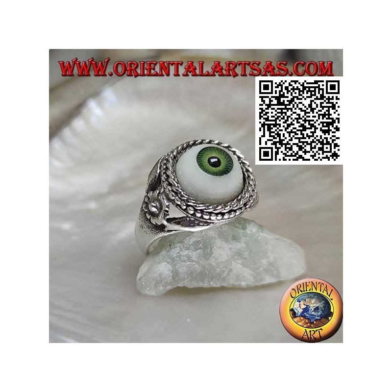 Anello in argento con occhio con pupilla verde contornato da intreccio