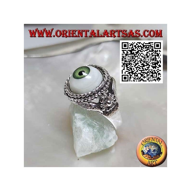 Bague en argent avec oeil avec pupille verte entourée d'entrelacs