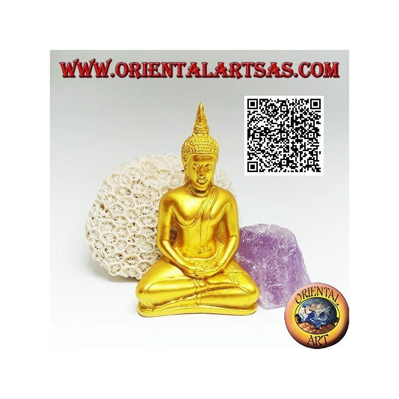 Buddha-Skulptur "Dhyana Mudra - Symbol für Meditation und Weisheit" auf dem Altar in Harz (golden) 10 cm