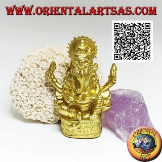 Scultura Ganesh "il Dio elefante" seduto con libro e aureola, in resina (dorato 8 cm)