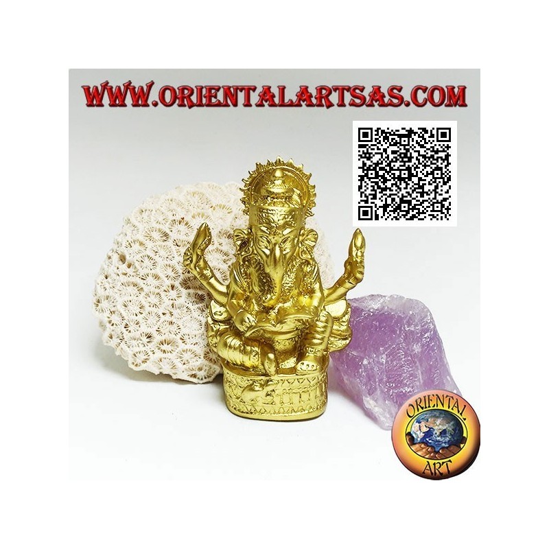 Scultura Ganesh "il Dio elefante" seduto con libro e aureola, in resina (dorato 8 cm)