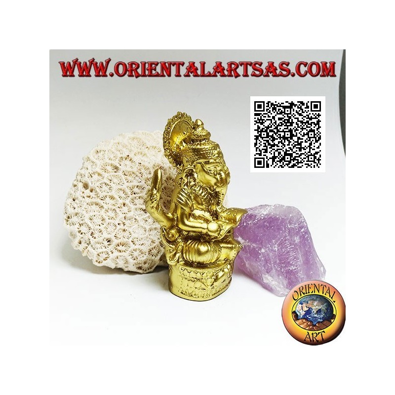 Scultura Ganesh "il Dio elefante" seduto con libro e aureola, in resina (dorato 8 cm)