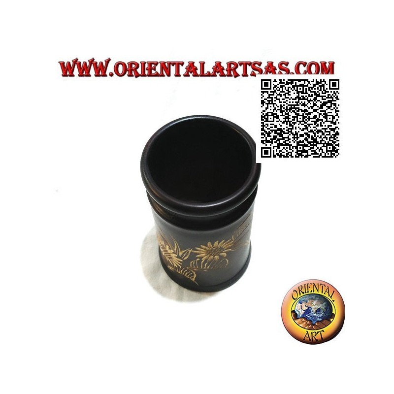 Cylindrical pen holder in mahogany wood with a pair of 12 cm hand engraved sunflowers