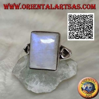 Silver ring with rectangular rainbow moonstone on smooth setting with teardrop opening on the sides