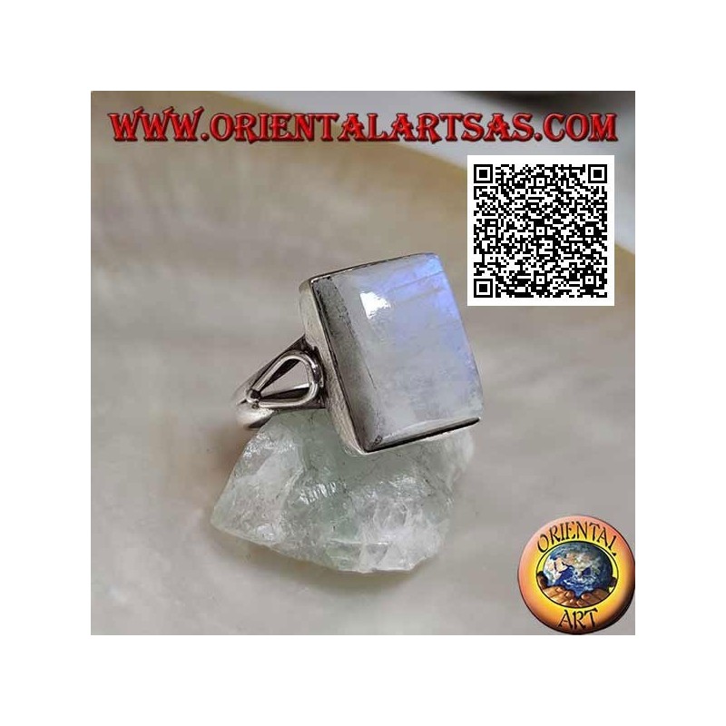 Silver ring with rectangular rainbow moonstone on smooth setting with teardrop opening on the sides