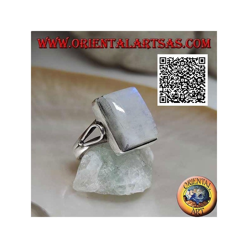 Silver ring with rectangular rainbow moonstone on smooth setting with teardrop opening on the sides