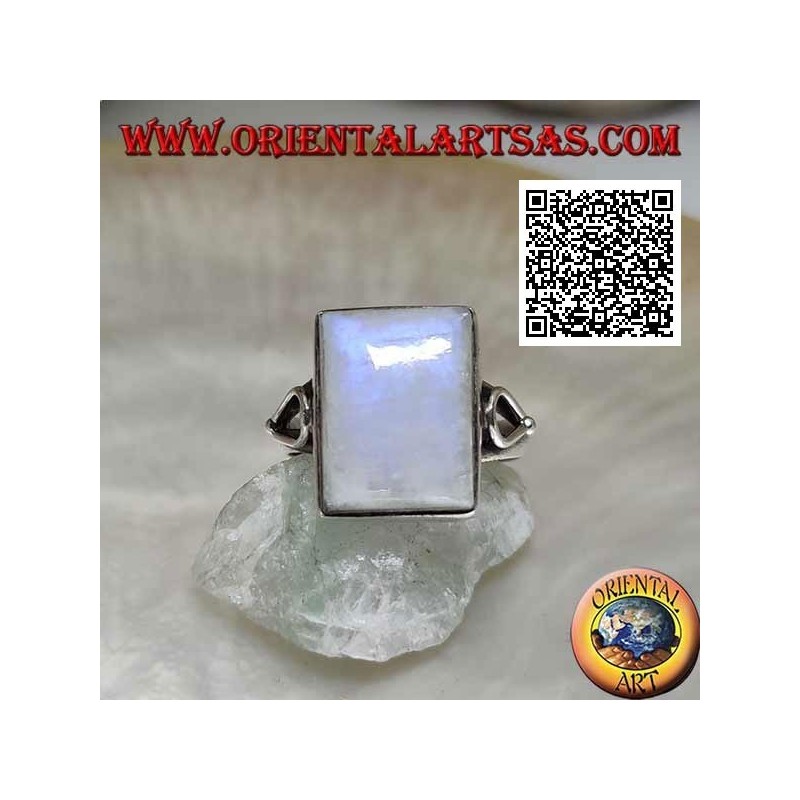 Silver ring with rectangular rainbow moonstone on smooth setting with teardrop opening on the sides