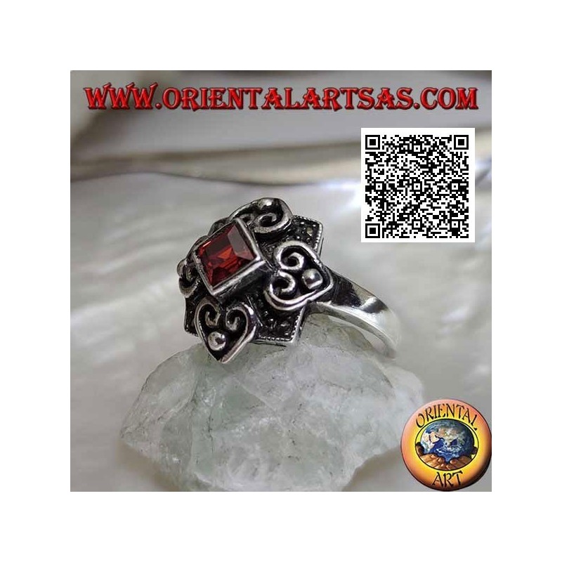 Silver ring with natural rhomboid garnet on a marcasite setting and four hearts