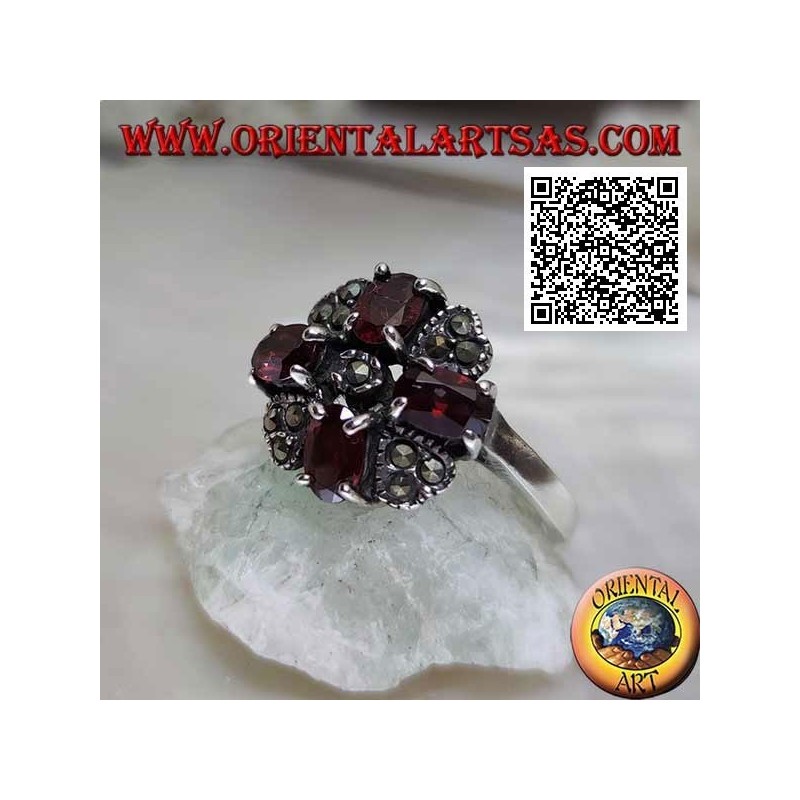 Bague croix de Malte en argent de grenats ovales naturels sertis et marcassite au milieu