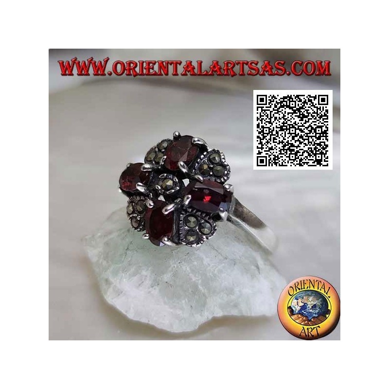 Maltese cross silver ring of natural oval garnets set and marcasite in the middle