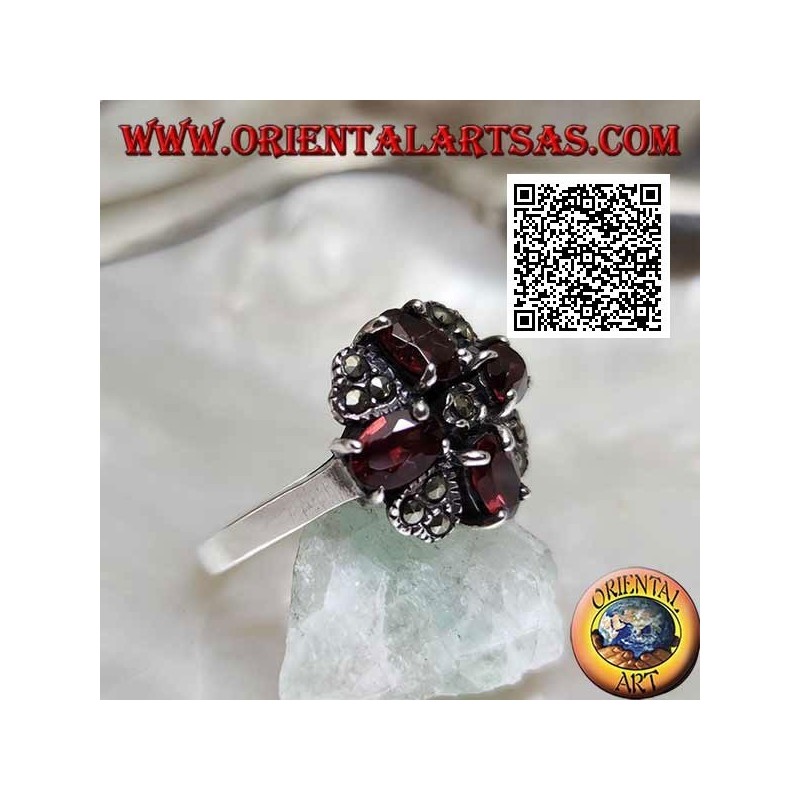 Bague croix de Malte en argent de grenats ovales naturels sertis et marcassite au milieu