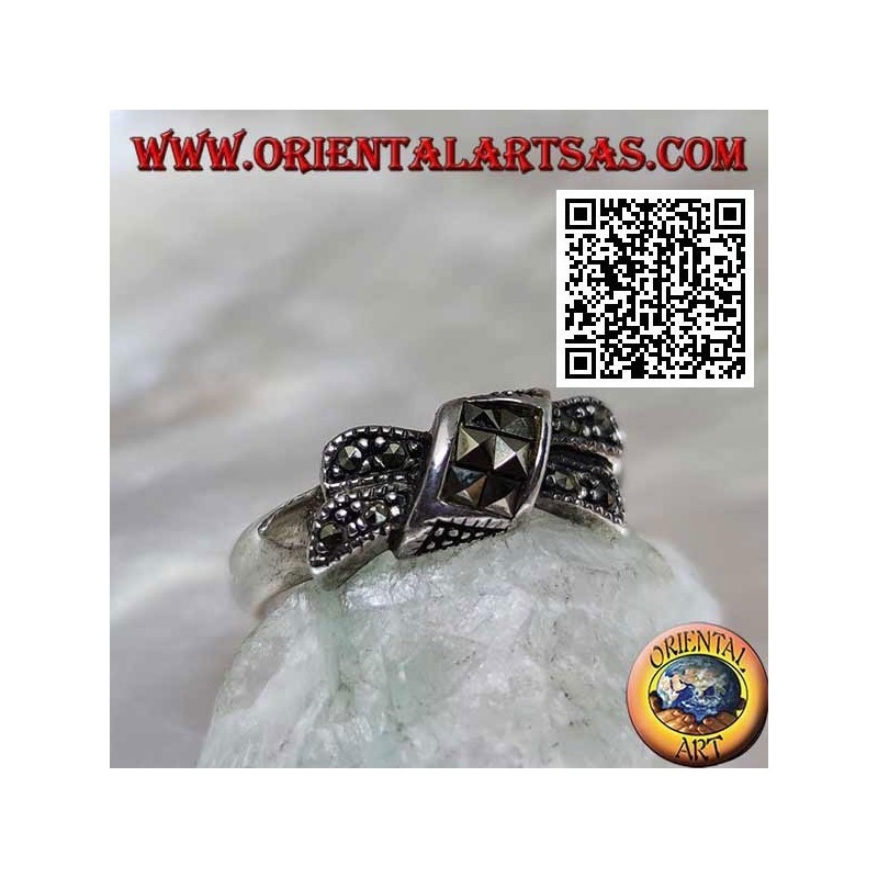 Silver bow knot ring studded with marcasite
