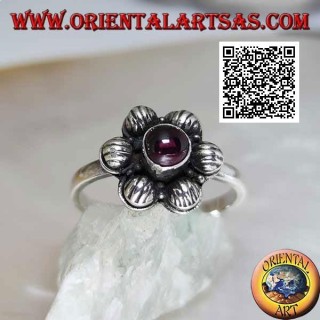 Anillo de flores de plata de 6 pétalos con granate redondo cabujón (16)