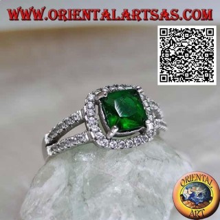 Silver ring with square synthetic emerald set and zircons in the frame and on the two side rows