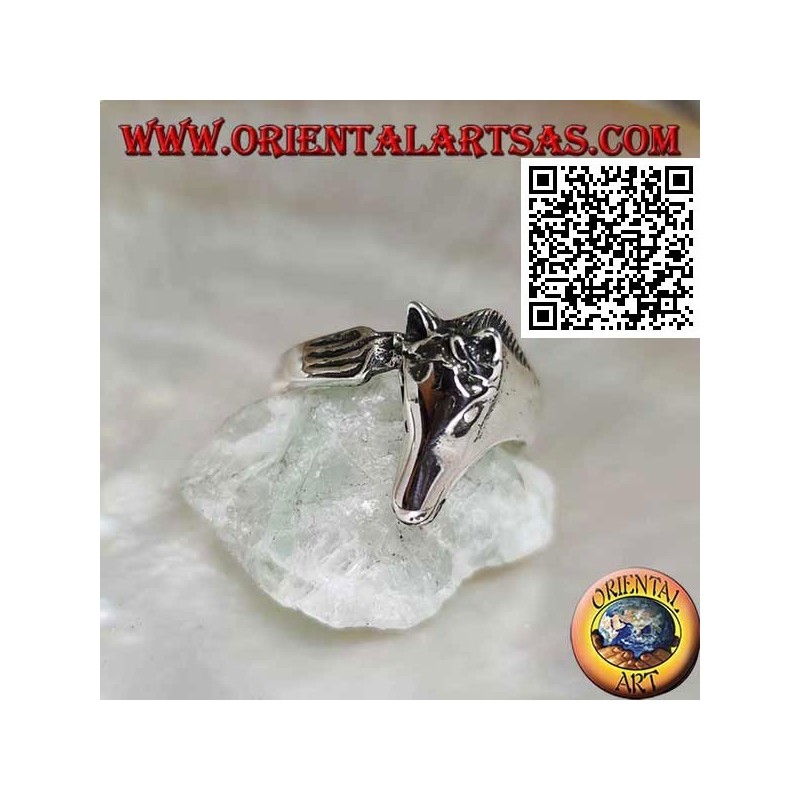 Anello in argento testa di cavallo a tre quarti sulla coda (stile ouroboros)