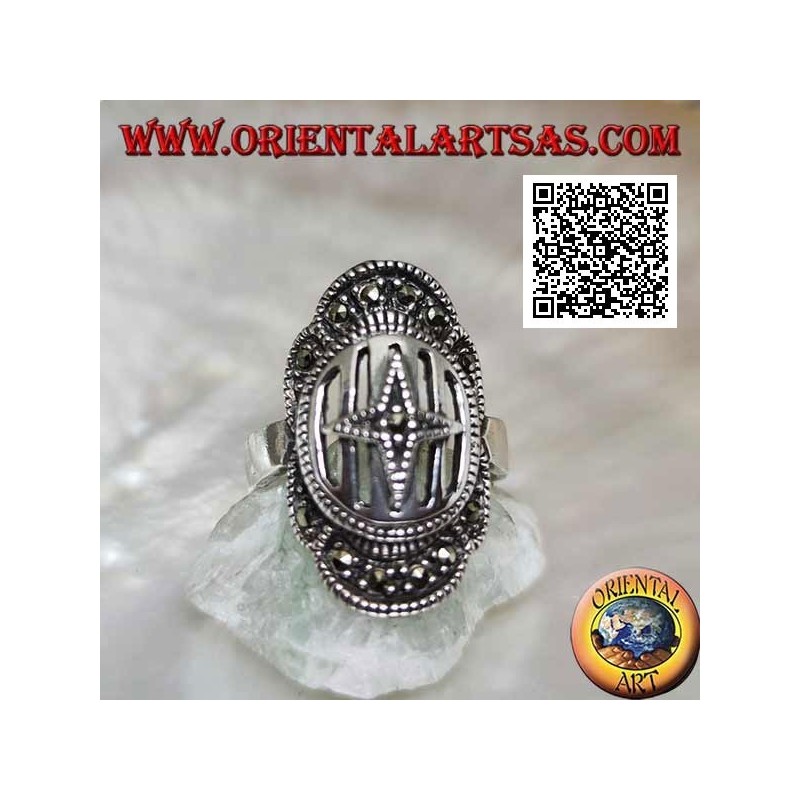 Medieval shield silver ring with cross on bars studded with marcasite