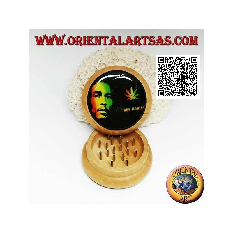 Tabakmühle aus Kiefernholz mit Bild von Bob Marley, 5 cm Ø (1)