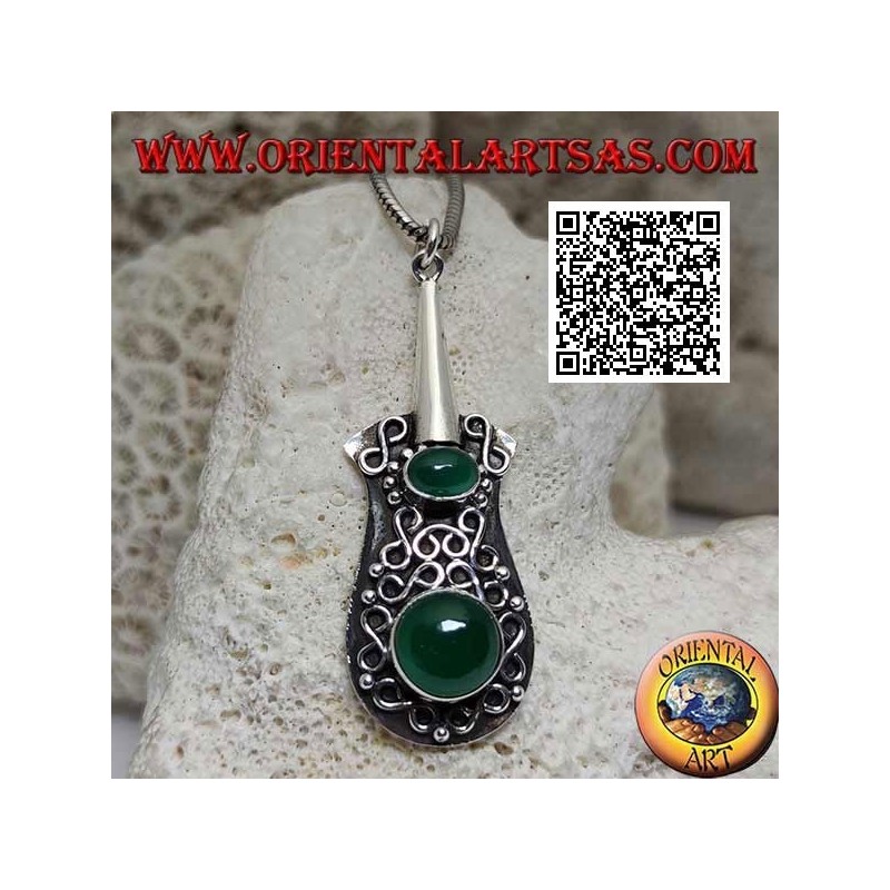 Silver pendant in the shape of a guitar with round and oval green agate and infinity lines in high relief