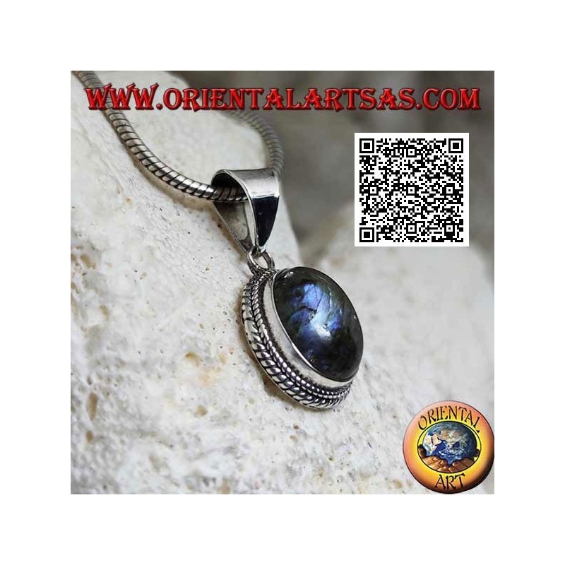 Silver pendant with cabochon oval labradorite surrounded by weaving