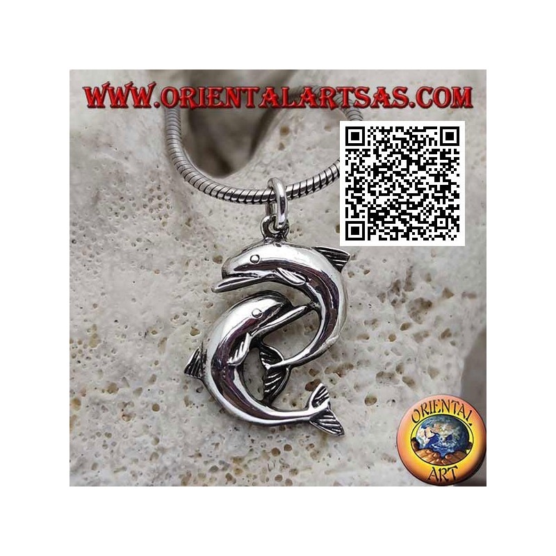 Silver pendant, couple of dolphins jumping one under the other