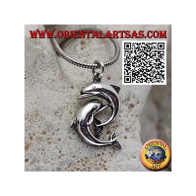 Silver pendant, couple of dolphins jumping one under the other