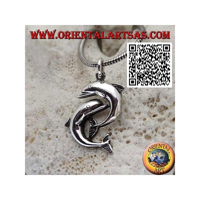 Silver pendant, couple of dolphins jumping one under the other