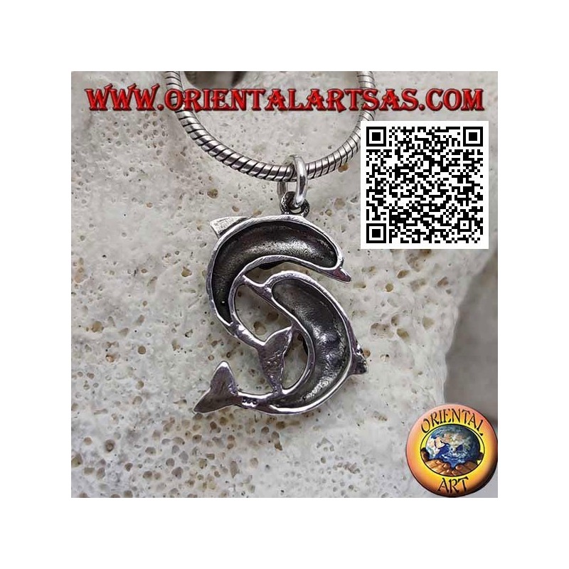Pendentif en argent, couple de dauphins sautant l'un sous l'autre