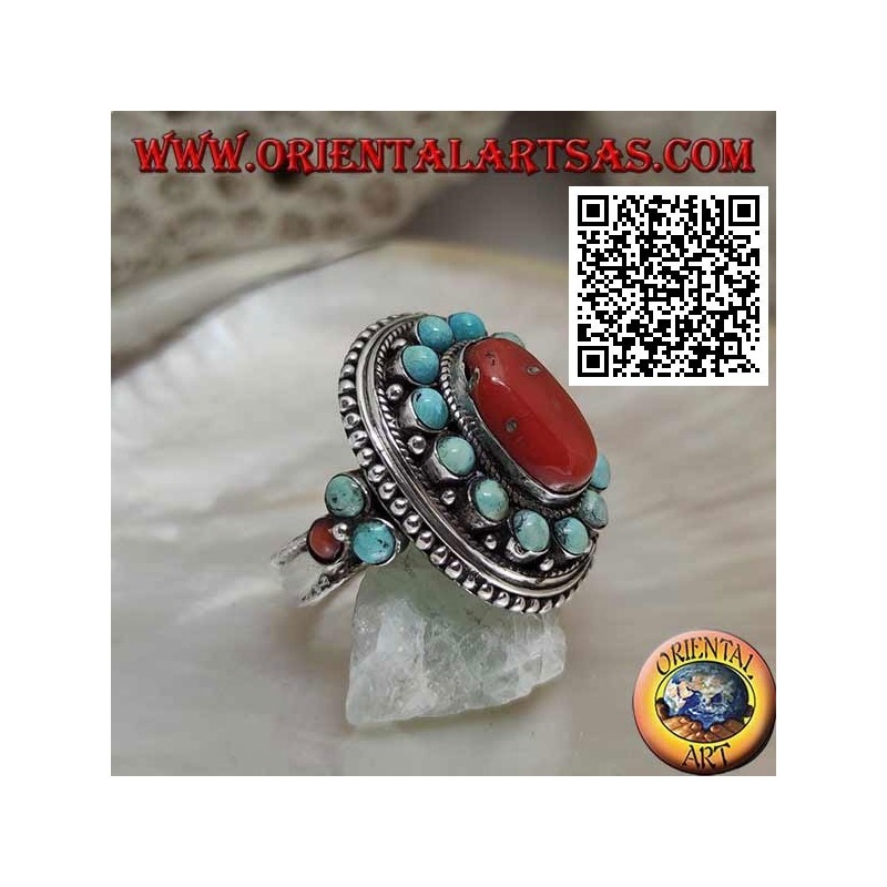 Anillo de plata estilo nepalí con coral ovalado natural y esferas turquesas