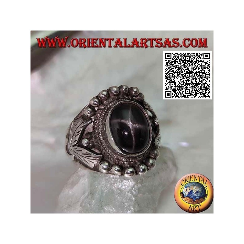 Anello Argento Black Star Ovale Montatura Etnica Palline Foglie