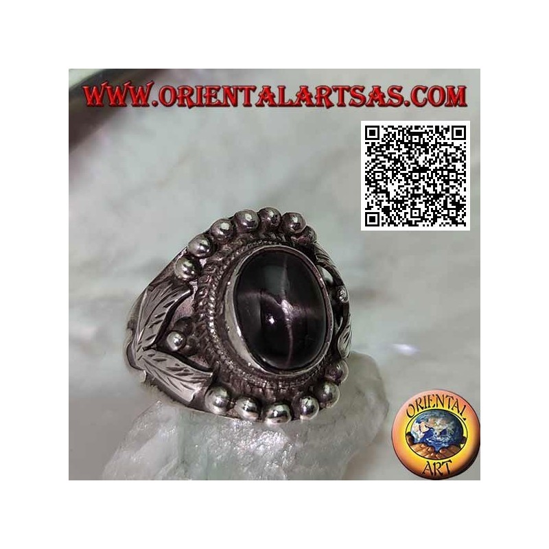 Anello Argento Black Star Ovale Montatura Etnica Palline Foglie