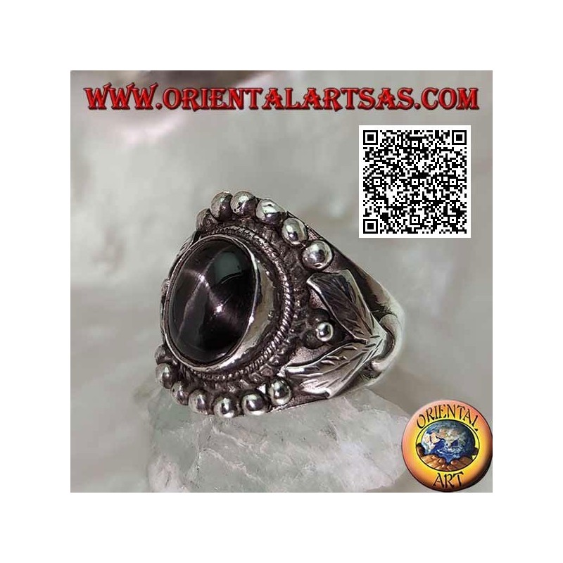 Anello Argento Black Star Ovale Montatura Etnica Palline Foglie