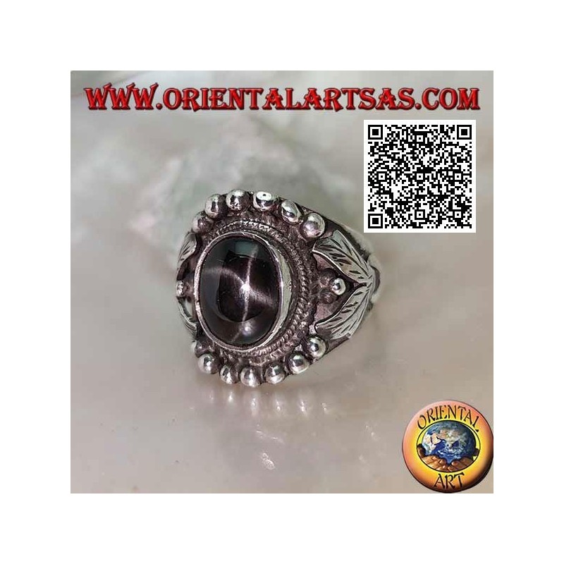 Anello Argento Black Star Ovale Montatura Etnica Palline Foglie