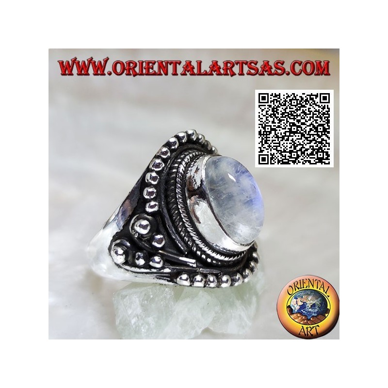 Silver ring with rainbow moonstone on ethnic setting with balls