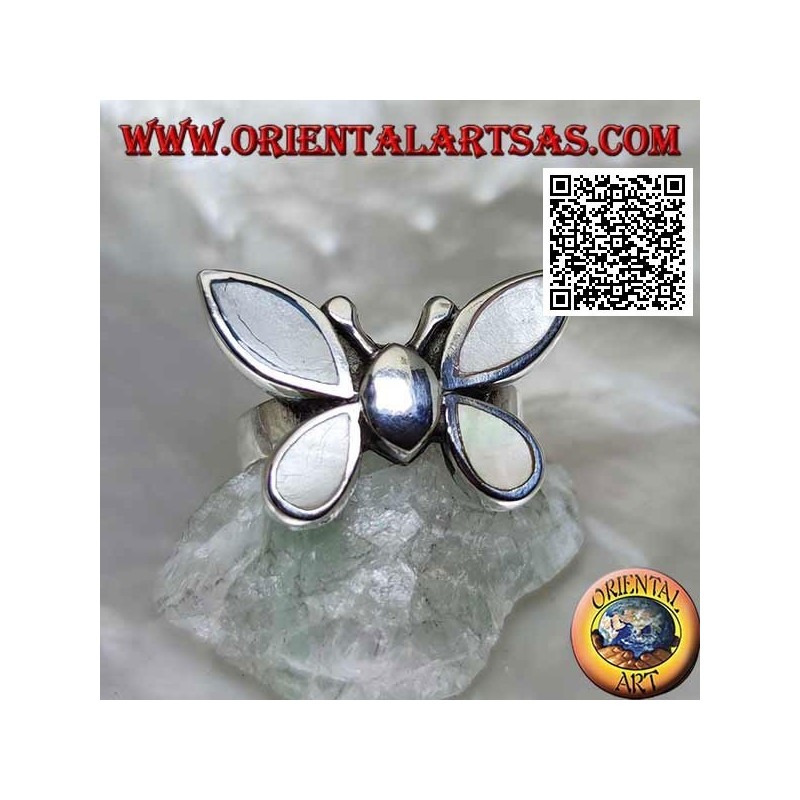 Silver ring in the shape of a butterfly with mother-of-pearl wings