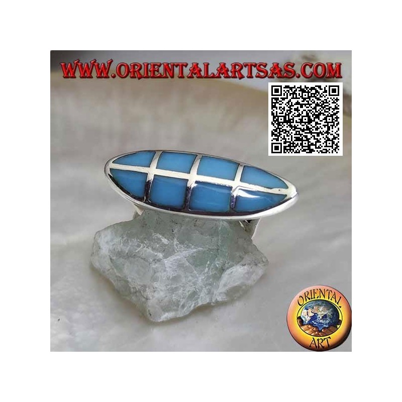 Bague navette en argent lisse avec turquoise carrée sertie au ras du bord