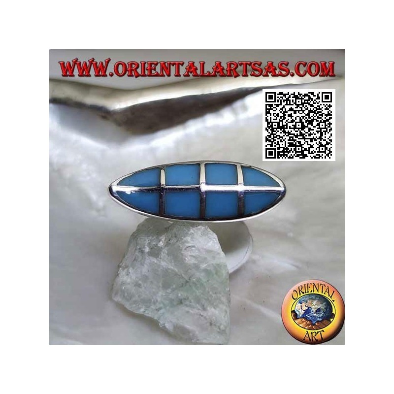 Smooth silver shuttle ring with square turquoise set flush with the edge