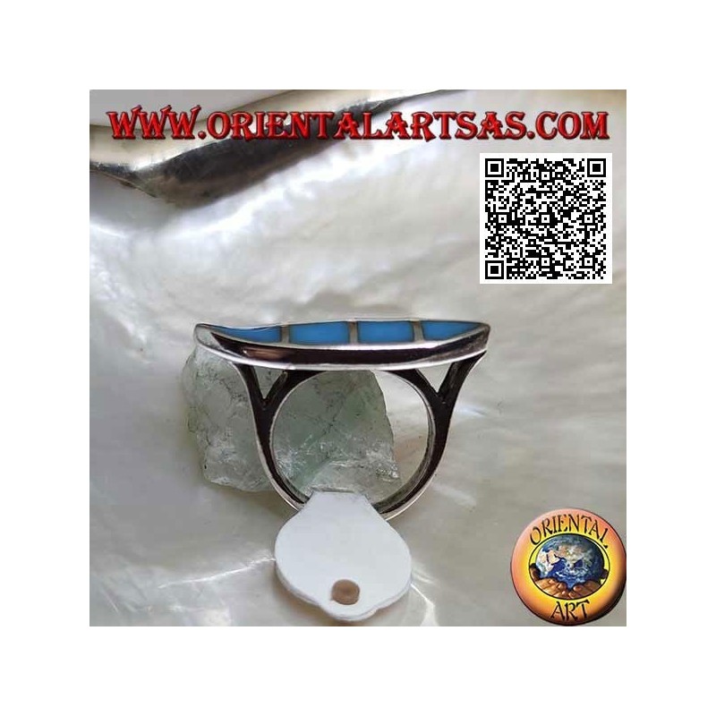 Smooth silver shuttle ring with square turquoise set flush with the edge