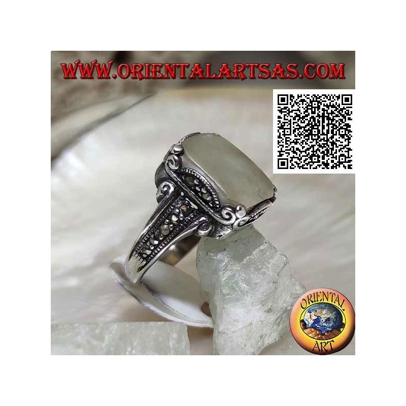 Silver ring with square mother of pearl and marcasite on frame and sides