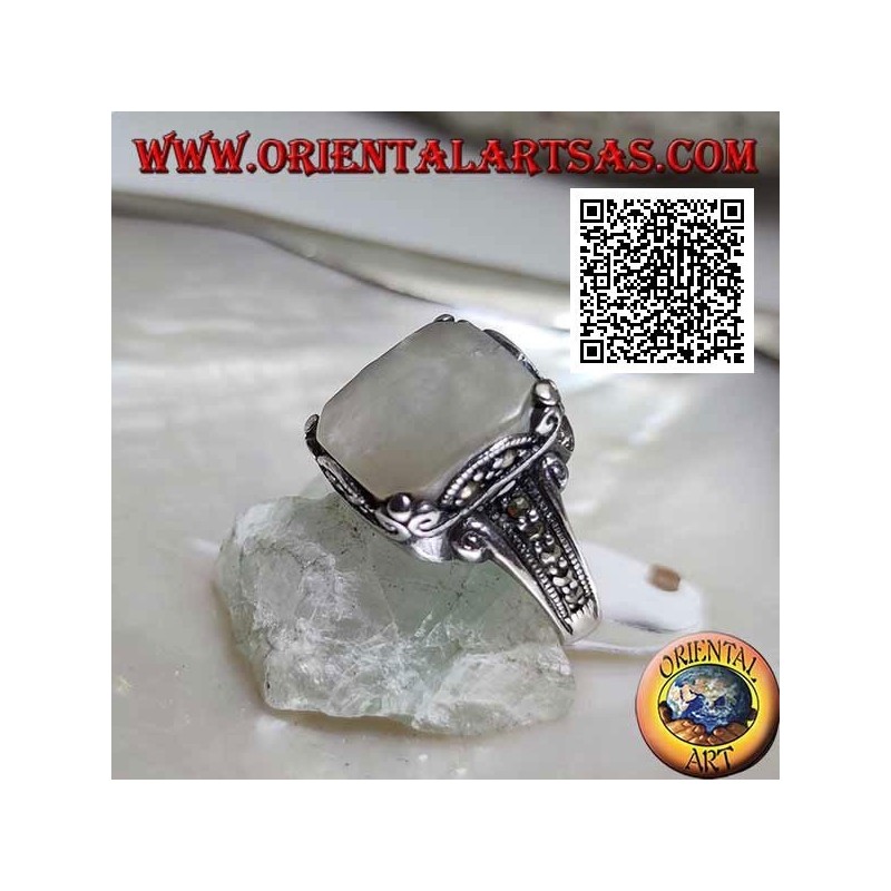 Silver ring with square mother of pearl and marcasite on frame and sides
