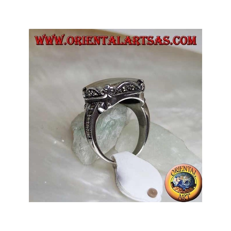 Silver ring with square mother of pearl and marcasite on frame and sides