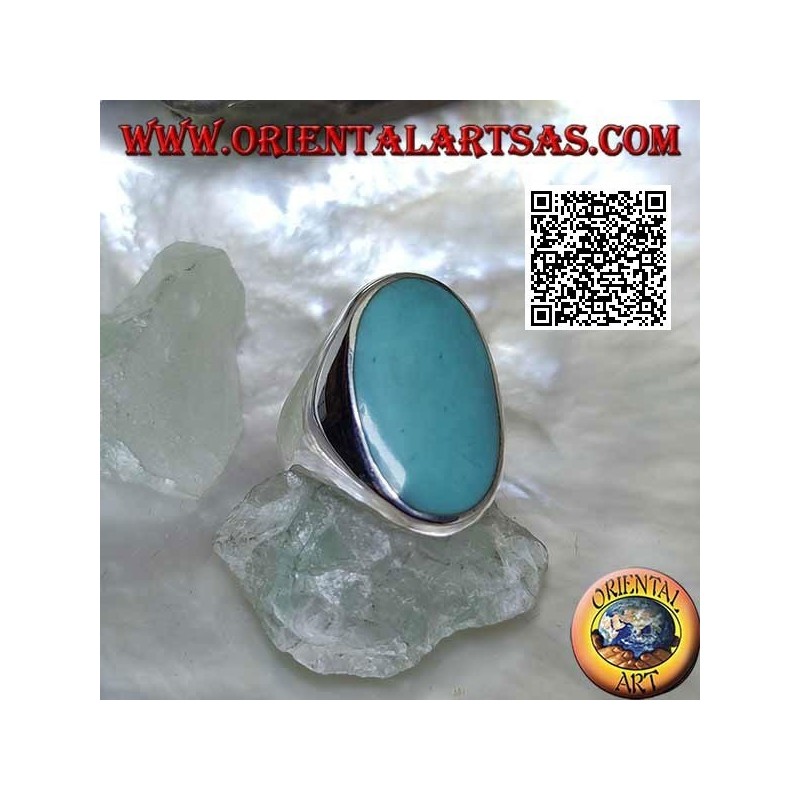 Anello in argento con turchese ovale incastonato a filo bordo su montatura liscia