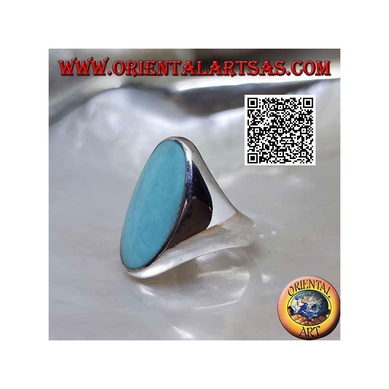 Bague en argent avec turquoise ovale sertie au ras du bord sur une monture lisse